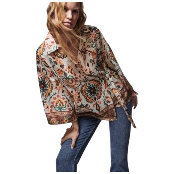 ZARA Oversized Boho Floral Wrap Blouse Tie Waist Cream Multicolor Retro Print XS - Picture 1 of 8